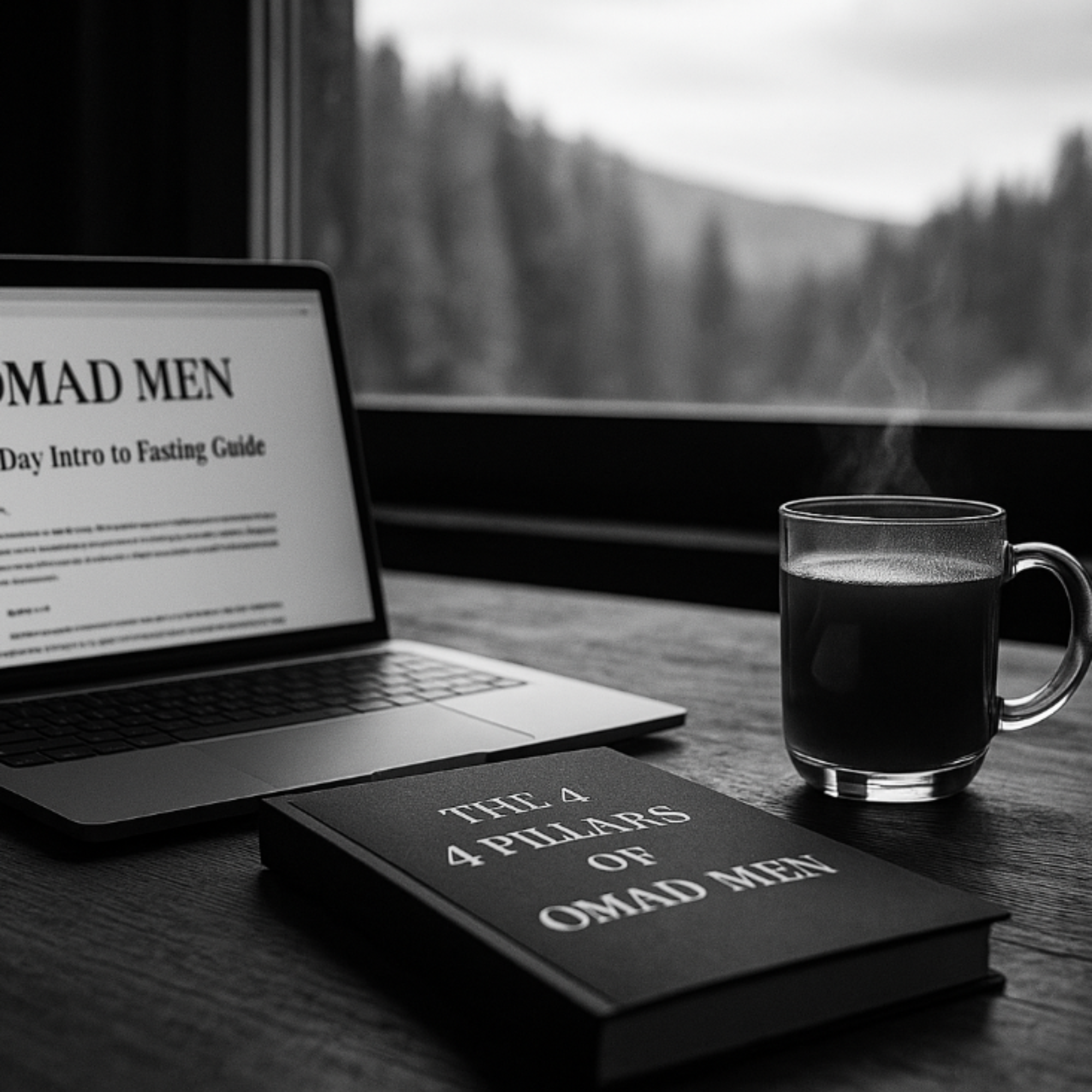 Laptop displaying 'OMAD MEN' on a desk with a book and mug of coffee