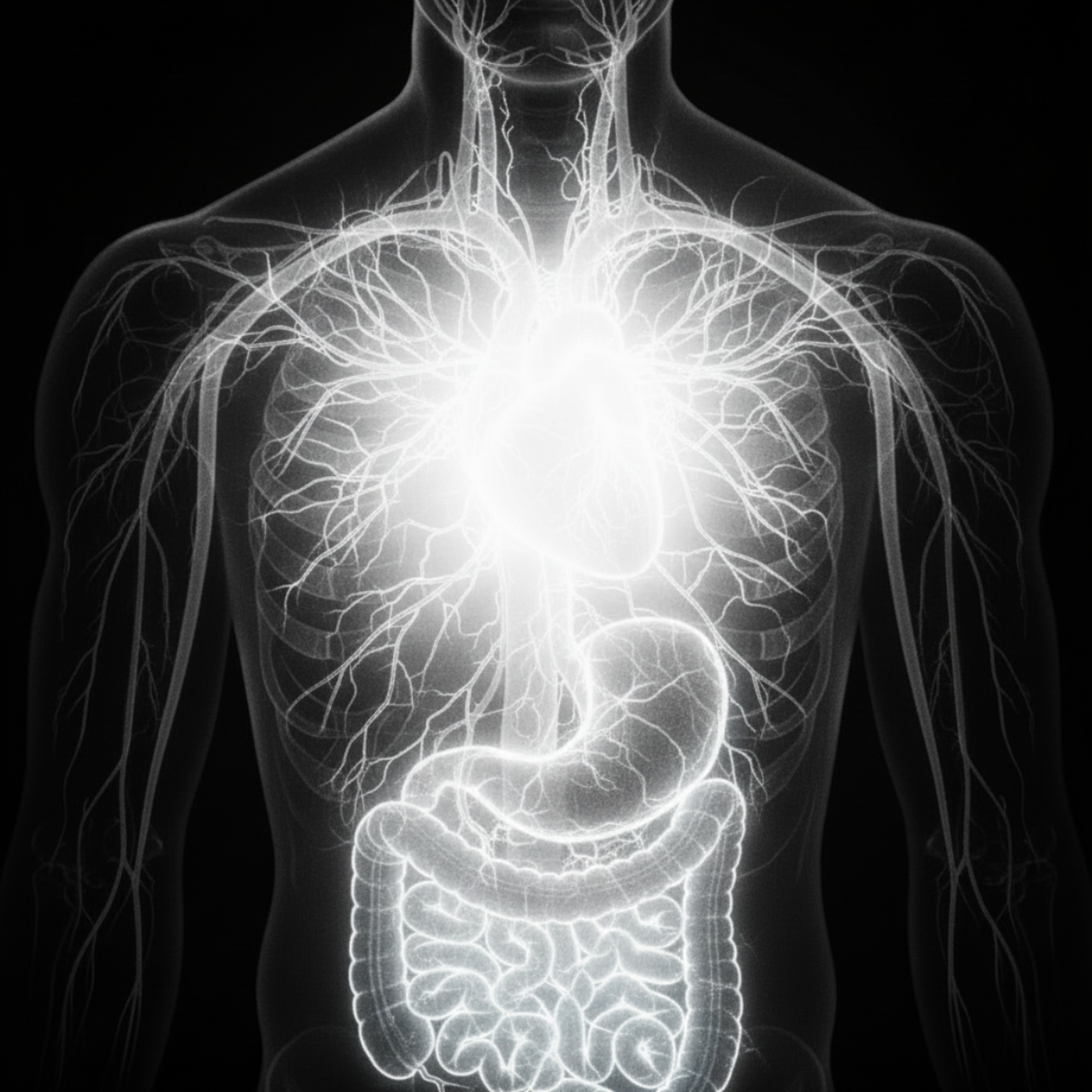Anatomical illustration of a human torso with highlighted heart and digestive system on a black background