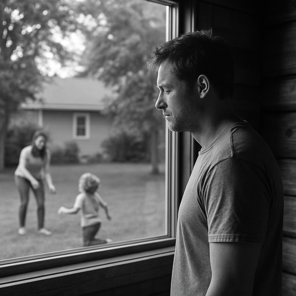 Man looking out a window at a woman and child playing outside